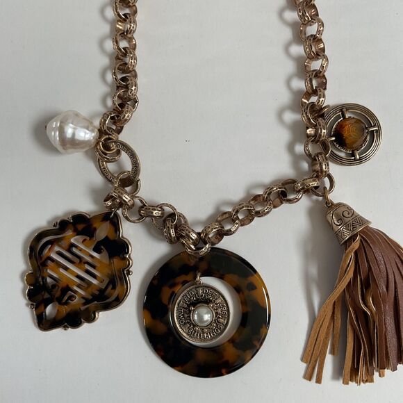 Chico's Tortoiseshell Pearl Charms Tassel Gold Toned Bib Statement Necklace - Picture 6 of 8